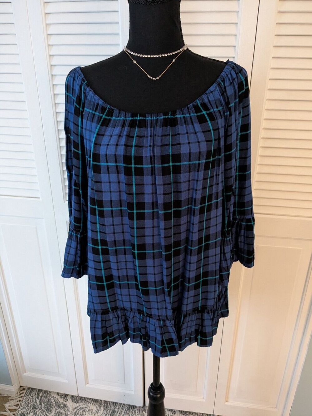 Como Vintage Women’s L Blue Boho Plaid Flowy Blouse Peasant Ruffle Top Western